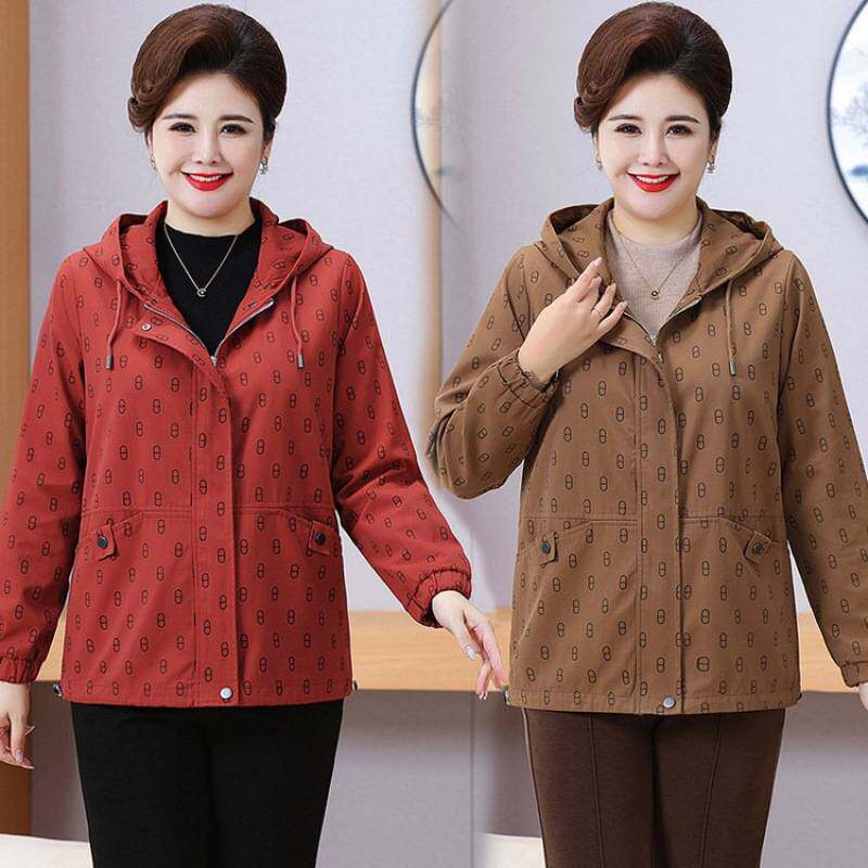 官方中老年女春装连帽上衣显瘦夹克加大码加肥妈妈春秋装外套休闲