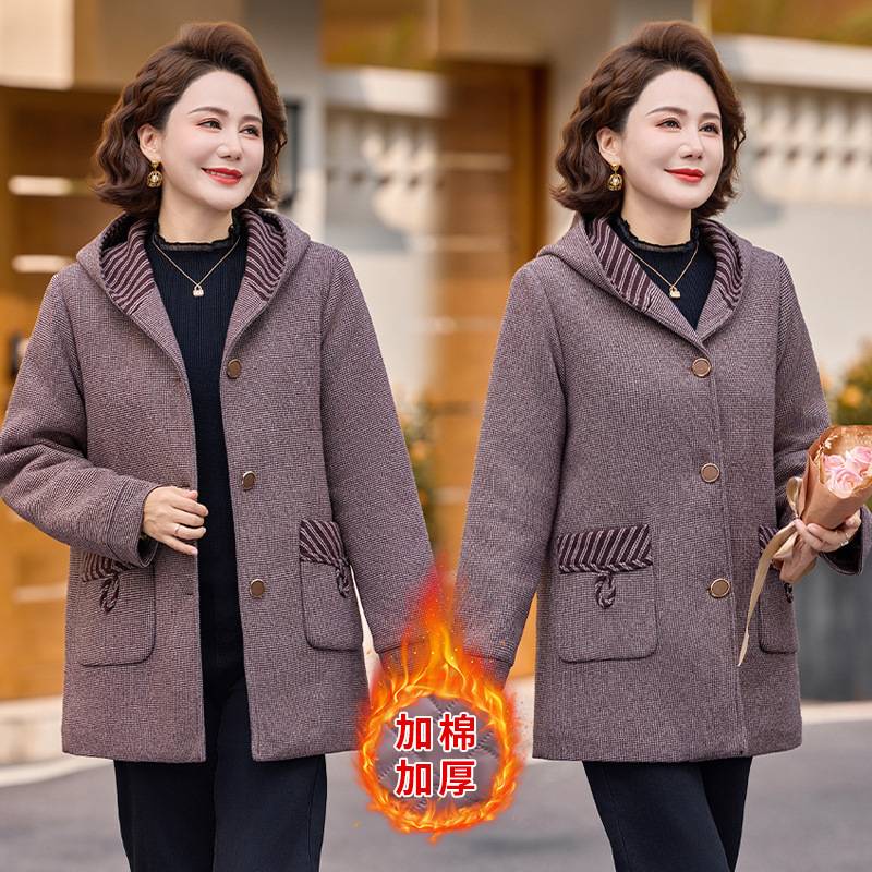 官方老太太中长款连帽棉衣中老年女装季休闲大码夹克加棉加厚外套
