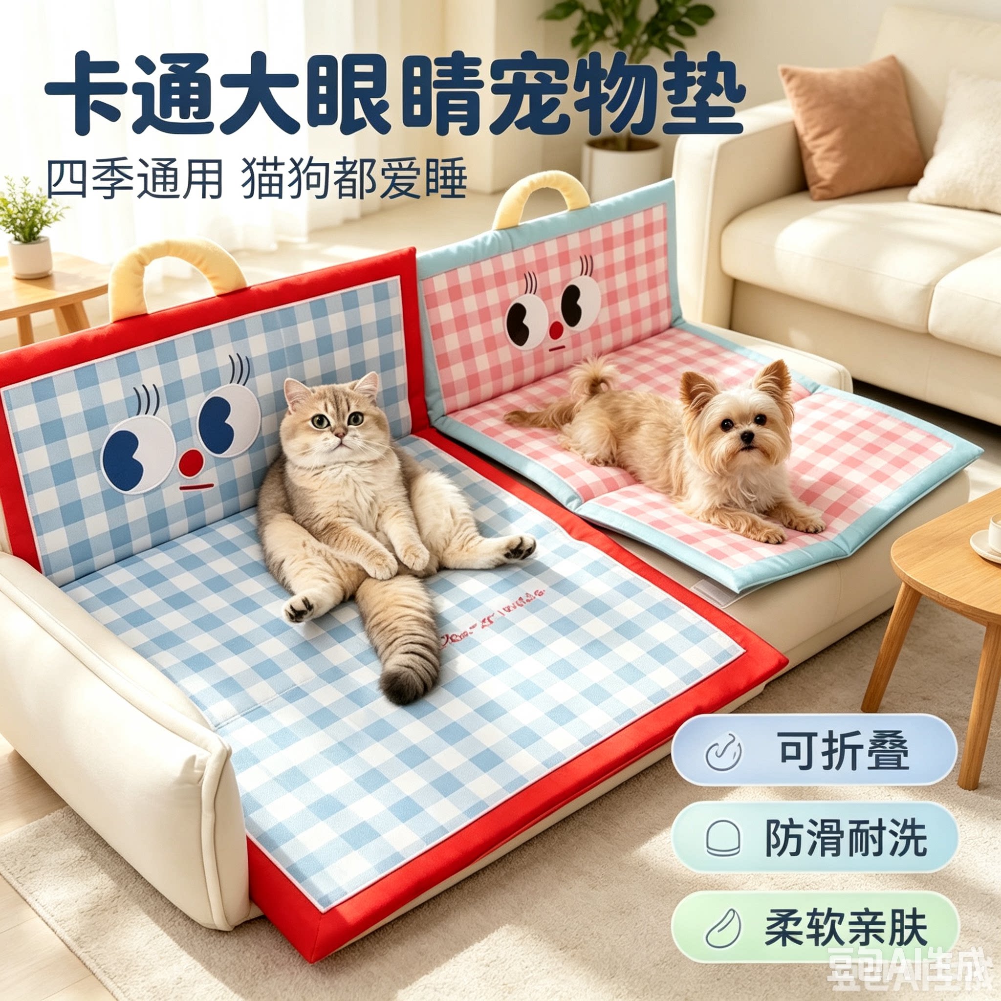 卡通大眼睛手提宠物垫四季通用猫狗睡垫可折叠防滑耐洗猫咪沙发袋