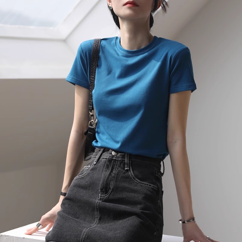 蓝色短袖t恤女纯色修身圆领白色纯棉上衣正肩打底衫黑色显瘦