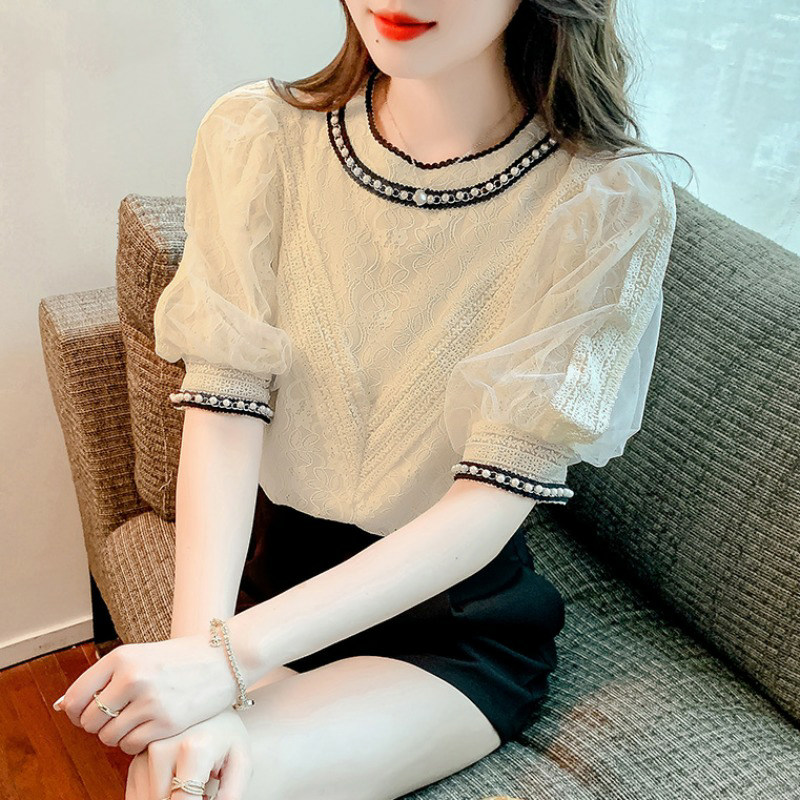 高级感雪纺衬衫短袖女装夏装2025新款泡泡袖气质蕾丝上衣洋气小衫