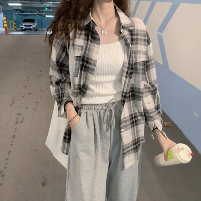 格子防晒衬衫女夏季薄款2025年新款上衣宽松百搭开衫外搭长袖衬衣