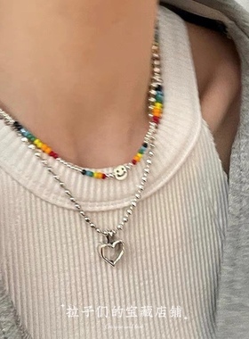 六色彩虹珠子笑脸爱心双层叠戴吊坠项链锁骨新款百搭颈链女