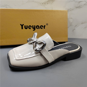 蝴蝶结低跟配裙子穆勒鞋 女2025年新款 羊漆皮包头半拖鞋 月芽儿正品