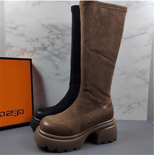 品牌女鞋 真皮加绒长靴高筒靴子 厚底增高弹力瘦瘦靴女2025秋冬新款