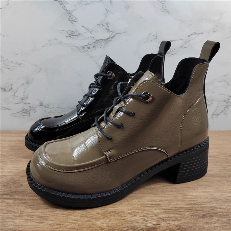 商场同款牛漆皮粗跟加绒马丁靴女