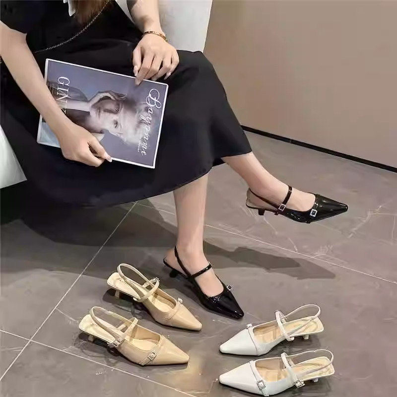 包头凉鞋女2025年新款小细跟尖头浅口一字扣带后空高跟鞋34码女鞋