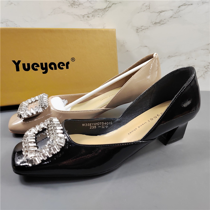 月芽儿羊漆皮法式高跟鞋女2026春季新款方头水钻浅口粗跟时装单鞋,女鞋,浅口单鞋,淘宝优惠券,粉丝福利购,淘宝优惠卷