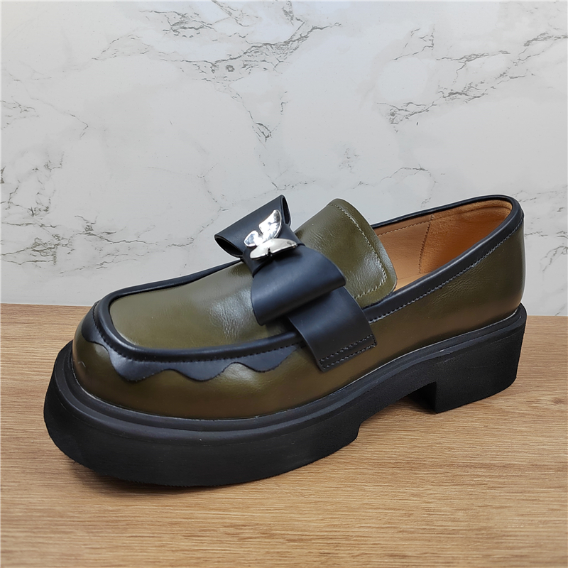 月芽儿真皮粗跟厚底英伦风乐福鞋