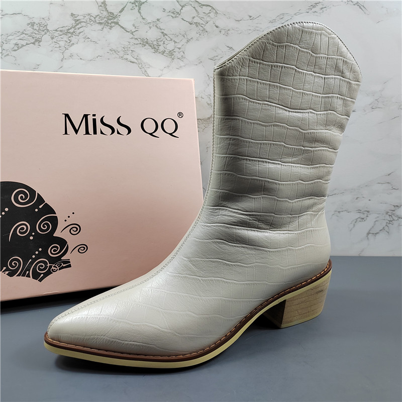 商场同款头层牛皮粗跟时装短靴女