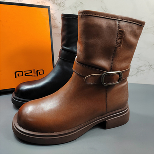 专柜正品 英伦风百搭扣带圆头短筒靴 头层牛皮马丁靴女2025秋冬新款