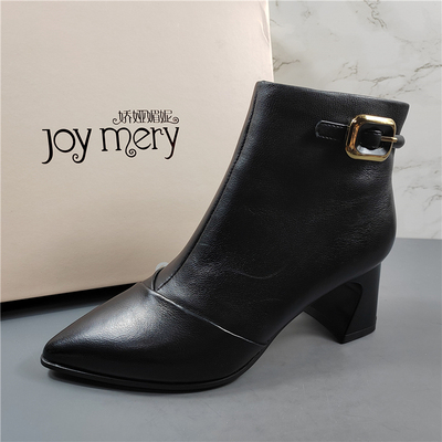 专柜正品羊皮尖头粗跟时装短靴女