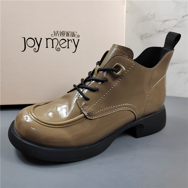 专柜正品漆皮圆头系带短靴马丁靴