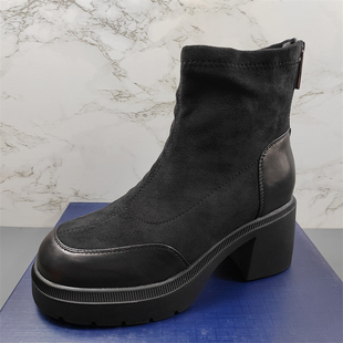 专柜正品羊皮弹力瘦瘦靴女2025冬新款小个子厚底加绒粗跟时装短靴
