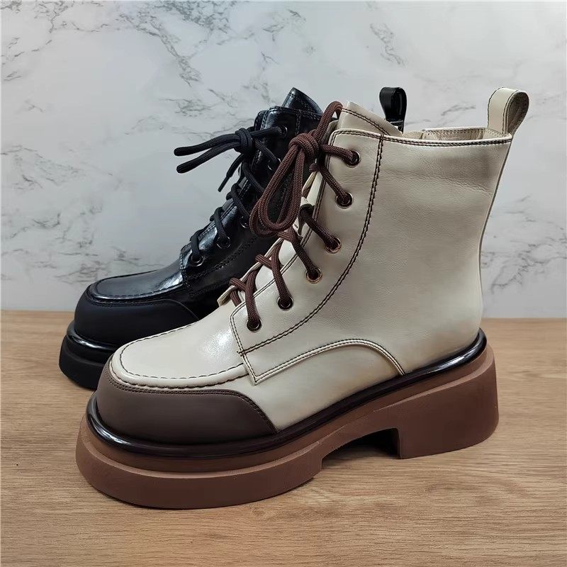 品牌断码头层牛皮粗跟加绒马丁靴