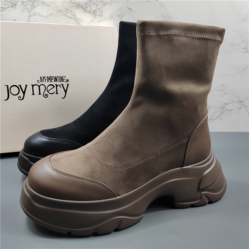 专柜正品真皮拼接厚底时装弹力靴