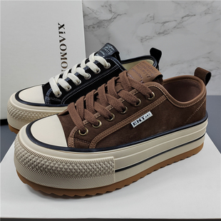 品牌厚底松糕板鞋女2026春季新款时尚软底磨砂真皮圆头运动休闲鞋