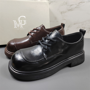 厚底百搭圆头系带休闲软底皮鞋 品牌女鞋 新款 女2025秋季 真皮乐福鞋