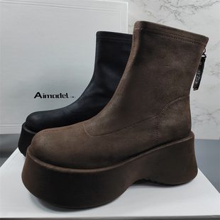 欧洲站女鞋松糕厚底短靴2025冬季新款气质瘦瘦靴小个子增高弹力靴