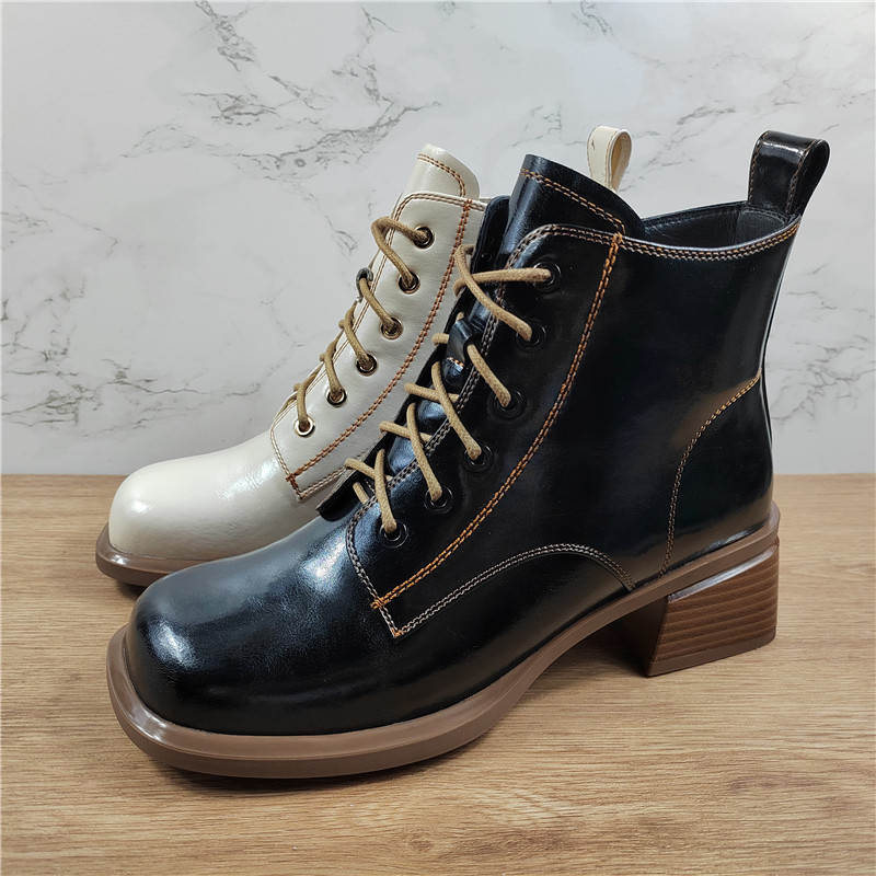 系带粗跟短靴方头马丁靴