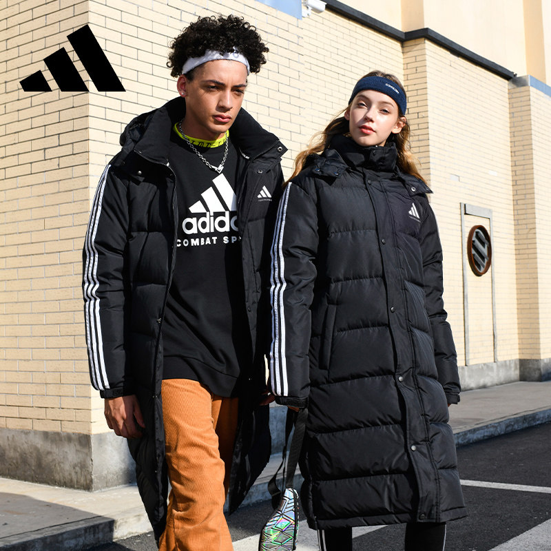 adidas阿迪达斯男女连帽长款羽绒服黑色运动加厚保暖情侣外套冬季