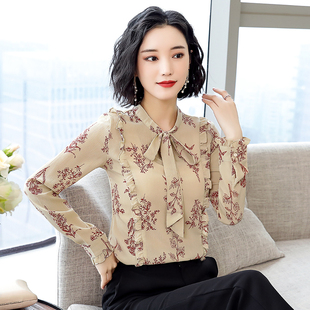 碎花长袖雪纺上衣女2026春装新款韩版百搭衬衫蝴蝶结系带衬衣显瘦
