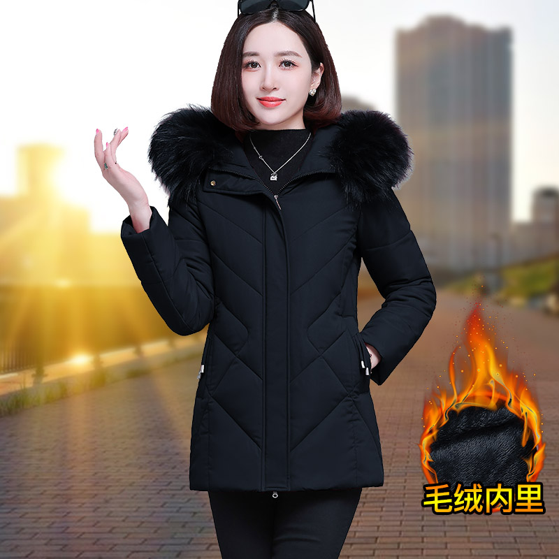 中长款羽绒棉服女长袖冬季2026年新款大毛领加绒保暖洋气妈妈棉衣