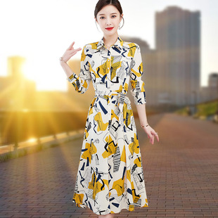 雪纺连衣裙女长袖春季2026新款时尚印花气质简约百搭收腰显瘦长裙