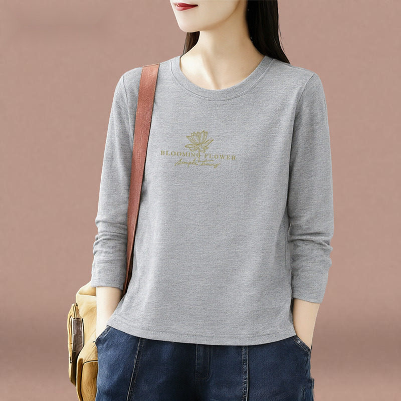 时尚圆领长袖T恤女精致图案上衣