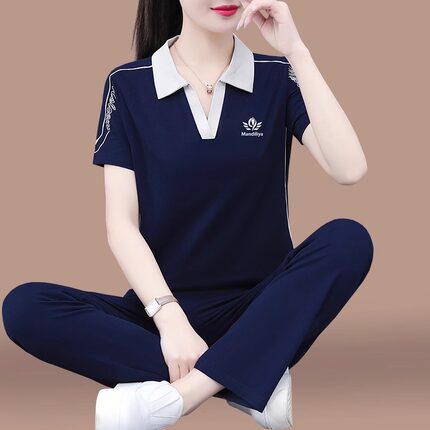 纯棉运动服套装女夏季2026新款洋气妈妈款减龄休闲翻领短袖两件套