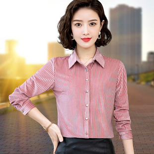 金丝绒条纹长袖衬衫女2026春秋新款韩版百搭休闲宽松大码纯色衬衣