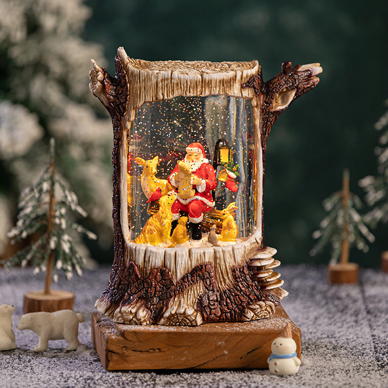 复古树桩飘雪灯光音乐盒摆设圣诞