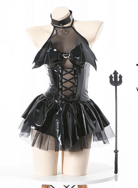 黑红小恶魔母夜叉拍cos制服暗黑酷辣漆皮弹力绑带显瘦短连衣裙