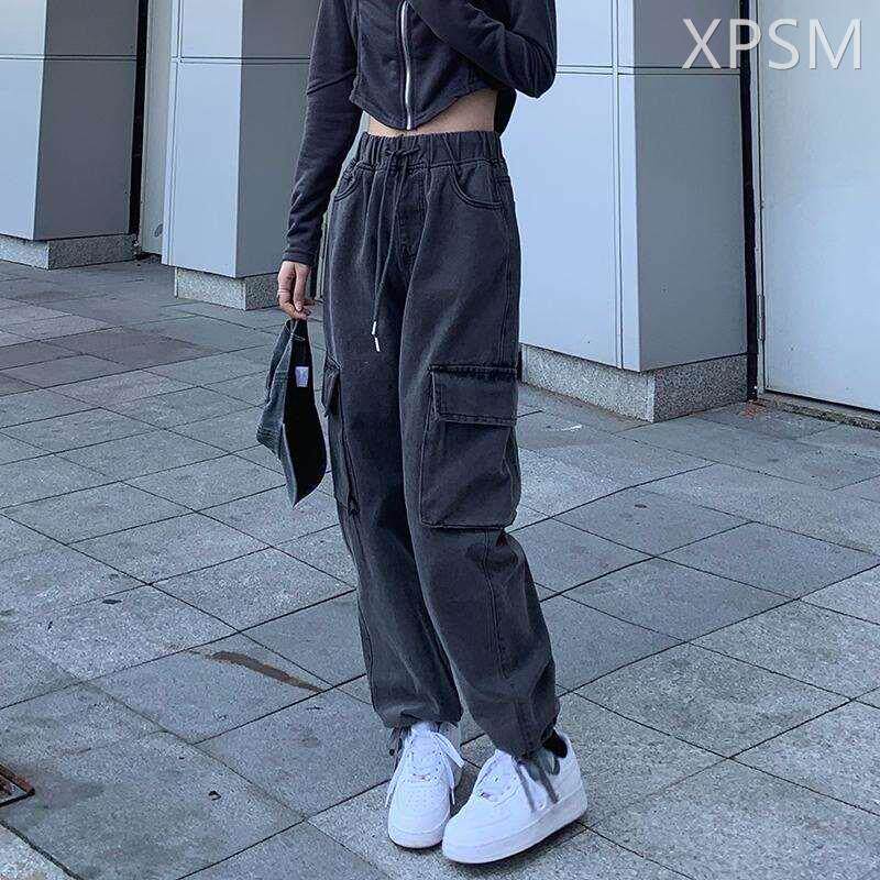 工装牛仔裤女高腰宽松直筒显瘦哈伦长裤秋季2023新款抽绳束脚裤子