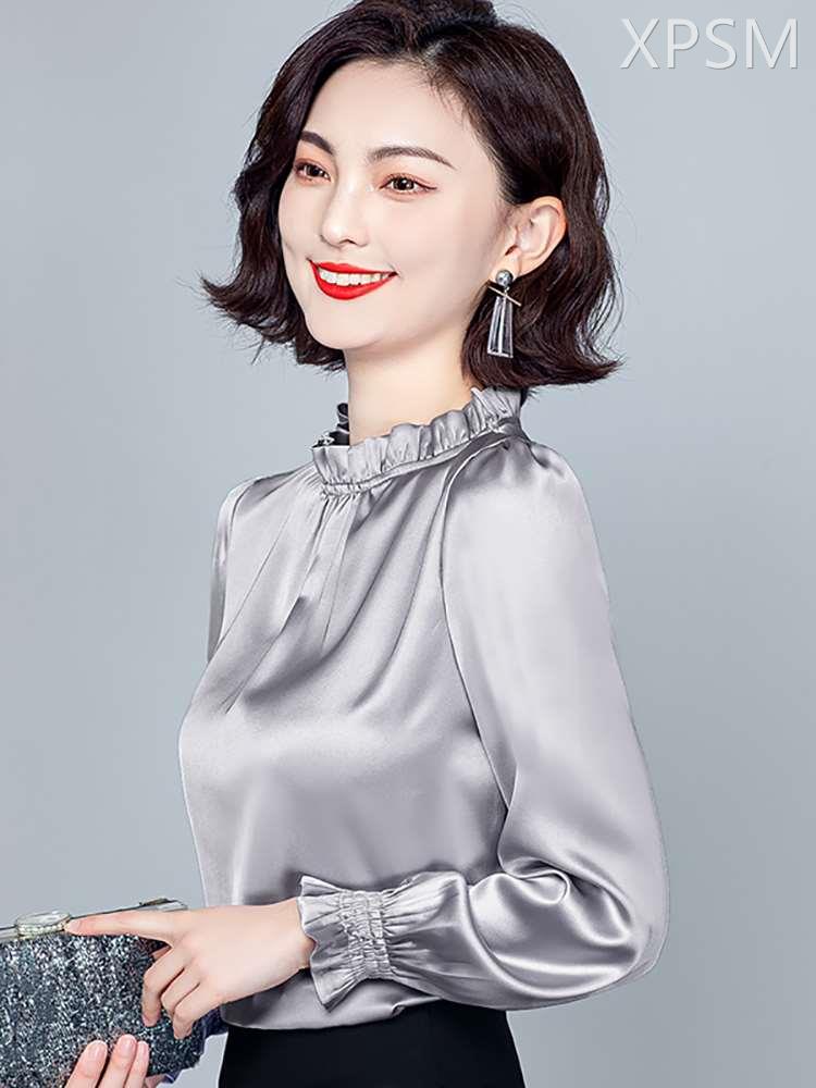 缎面衬衫女士装早春秋冬2023年新款洋气上衣妈妈漂亮别致长袖衬衣
