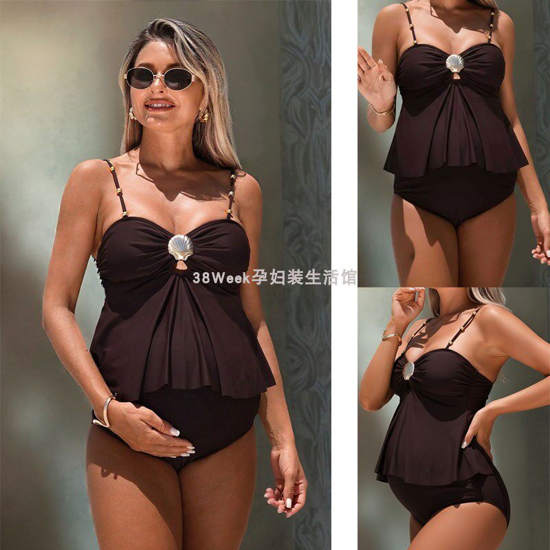 孕妇泳衣吊带高腰裤子分体两件套孕期遮肚显瘦高弹性感比基尼套装