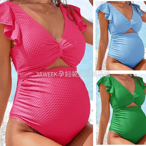 孕妇泳衣连体V领性感大码海边照