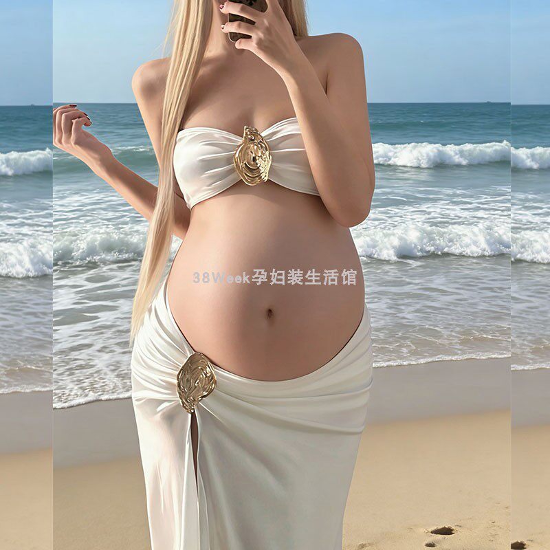 孕妇白色比基尼海边度假三件套抹胸辣妹纯欲风长裙孕期拍照写真照