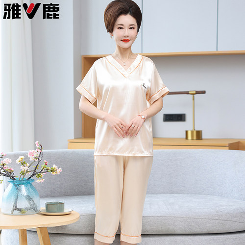雅鹿妈妈短袖冰丝家居服套装女薄