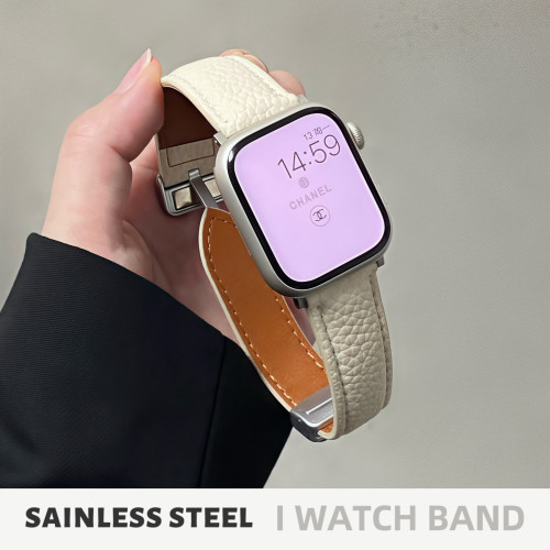 适用iwatch荔枝纹真皮磁吸扣表带