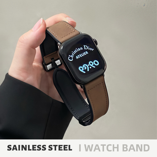 适用iwatch苹果手表带s10新款疯马皮磁吸扣applewatch真皮s98表带