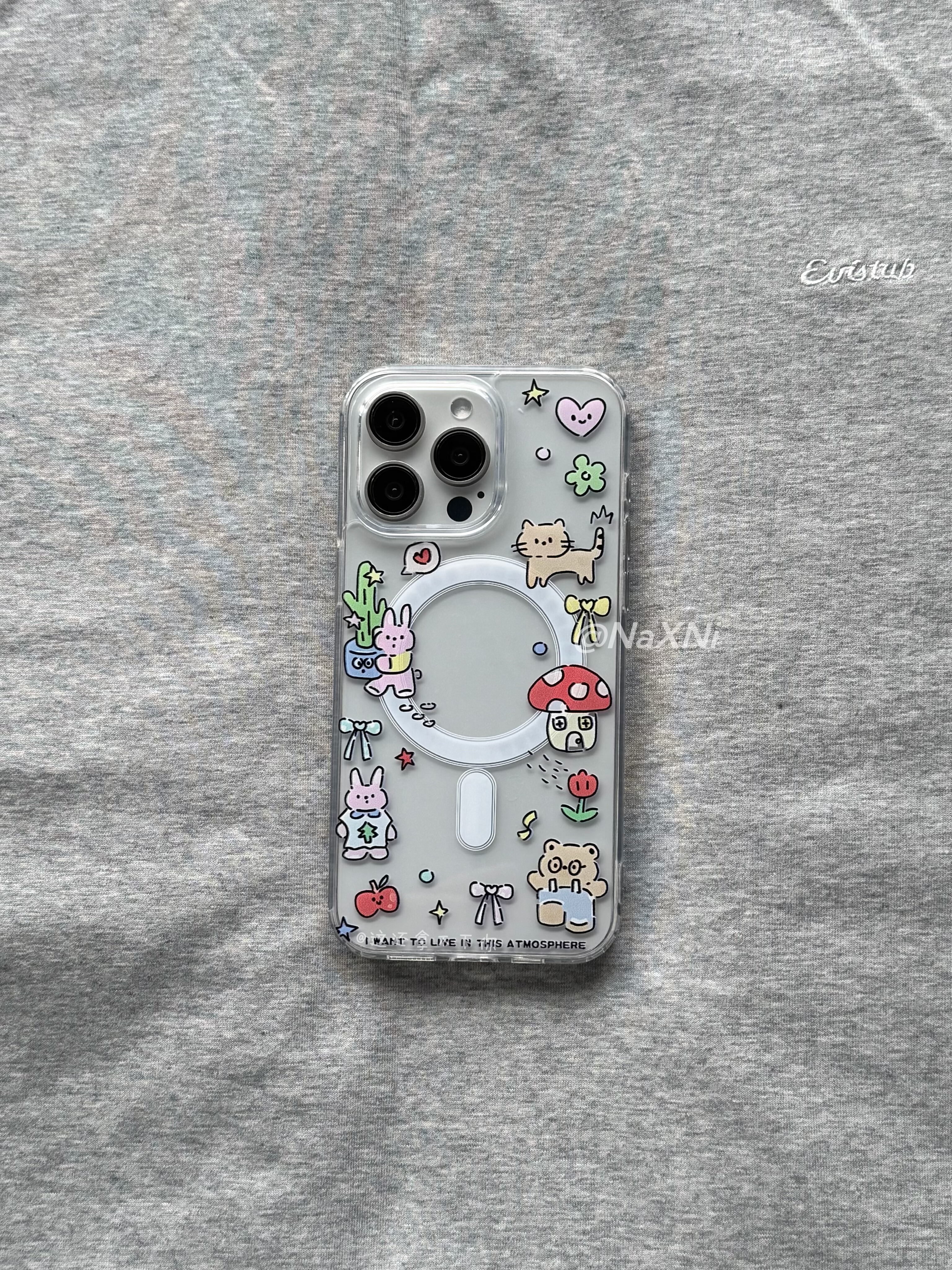 ins风蘑菇鲜花小熊适用于iphone17ProMax手机壳苹果15pro满屏小动物可爱大孔全包保护套16透明磨砂硅胶软壳