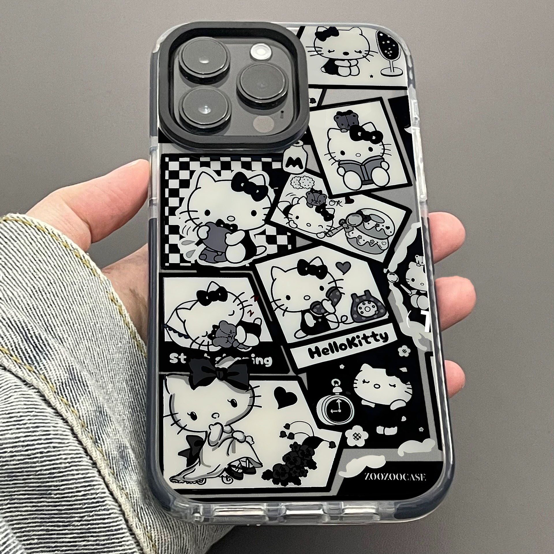 ins插画暗黑helloKitty适用iPhone16ProMax手机壳苹果14全包15卡通可爱凯蒂猫保护套13透明x黑