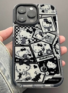 ins插画暗黑helloKitty适用iPhone16ProMax手机壳苹果14全包15卡通可爱凯蒂猫保护套13透明x黑色边框硅胶软壳