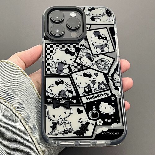 ins插画暗黑helloKitty适用iPhone16ProMax手机壳苹果14全包15卡通可爱凯蒂猫保护套13透明x黑色边框硅胶软壳