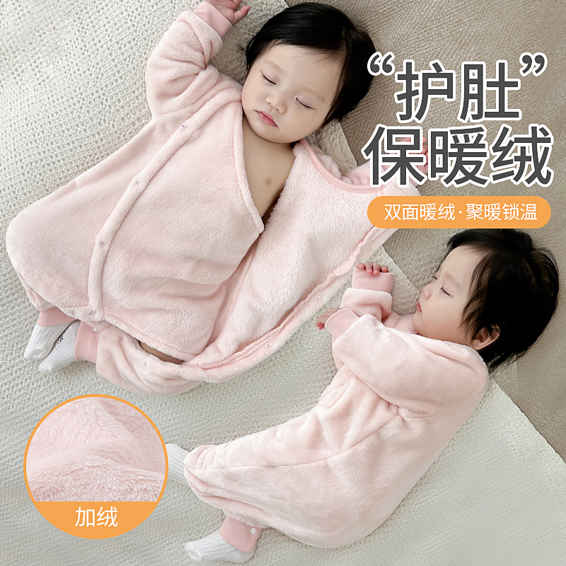 婴儿秋冬季珊瑚绒保暖连体衣服外出儿童加绒冬装法兰绒女宝宝睡衣