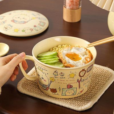 ins奶油风可爱乌萨奇泡面碗高颜值陶瓷带盖饭碗新款学生单柄碗