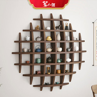 实木茶具杯子茶杯收纳架挂墙茶室置物架博古架墙上格子架子