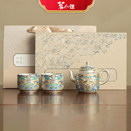 文创鎏银陶瓷茶具礼盒一壶两杯
