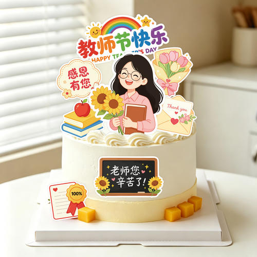 新款教师节卡通蛋糕装饰插牌老师谢谢您插卡节日快乐甜品烘焙插件